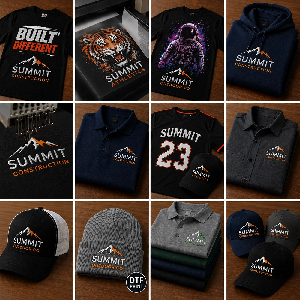 Custom apparel printing and embroidery including custom T-shirts, DTF printing, DTG printing, embroidered polos, hoodies, team apparel, business uniforms, hats, beanies, and promotional apparel in Houston, TX.