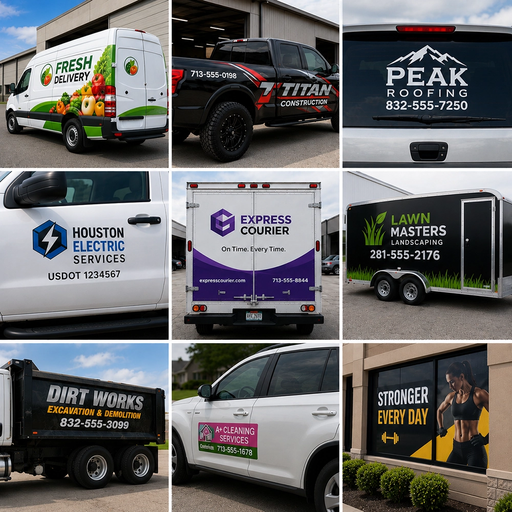 Commercial vehicle wraps, truck graphics, trailer wraps, box truck wraps, dump truck wraps, magnetic signs, perforated window graphics, DOT numbers, and fleet branding services in Houston, TX.