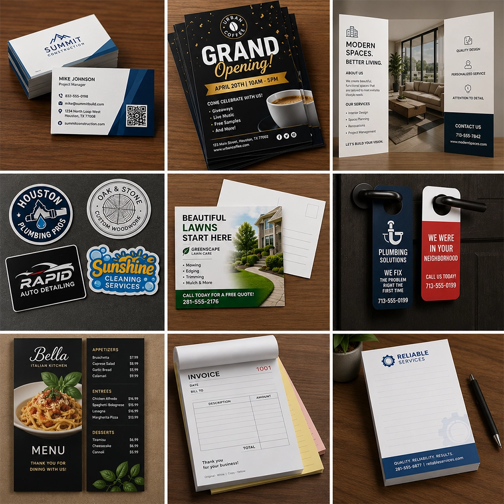 Professional marketing materials including business cards, flyers, brochures, stickers, postcards, door hangers, restaurant menus, NCR invoice forms, and notepads printed in Houston, TX.
