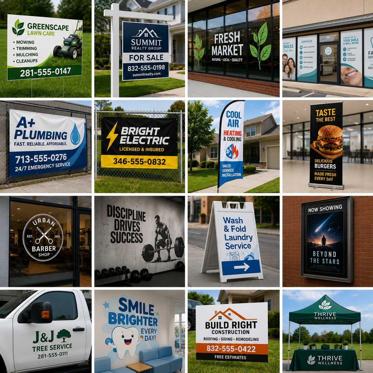 Large format printing products including corrugated plastic signs, aluminum composite signs, yard signs, banners, window graphics, perforated window vinyl, wall graphics, cut vinyl, window clings, retractable banners, feather flags, portable displays, backlit posters, banner stands, and vehicle graphics in Houston, TX.